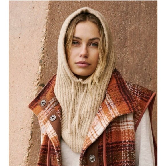 Free People Over My Head Ribbed Balaclava Knit Hat Hood Scarf Brown Boho - Picture 1 of 9